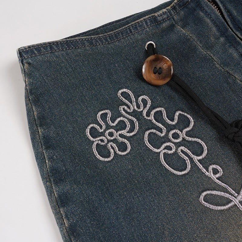 Boho Floral Embroidered Denim-Look Maxi Skirt - Chic High-Waist & Stretchy for Fall & Holiday Style