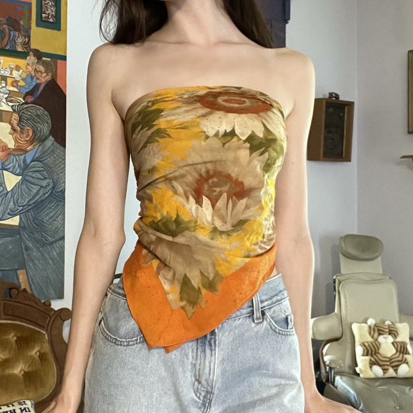 Golden Harvest Sunflower Scarf Tube Top - Boho Chic Bandeau for Fall