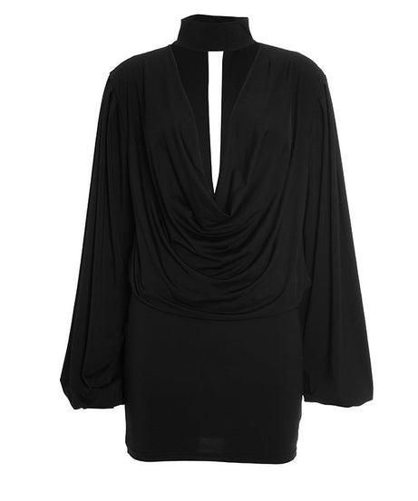 Chic Black Mock Neck Deep V Mini Dress | Long Sleeve Holiday Party & Date Night Essential