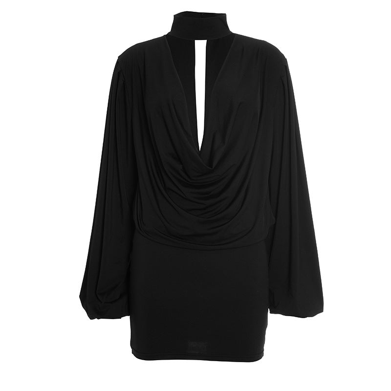 Chic Black Mock Neck Deep V Mini Dress | Long Sleeve Holiday Party & Date Night Essential