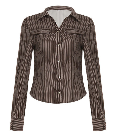 Fall Chic & Cozy: Women's Brown Striped Button-Down Shirt - Versatile Long Sleeve Top for Effortless American Style