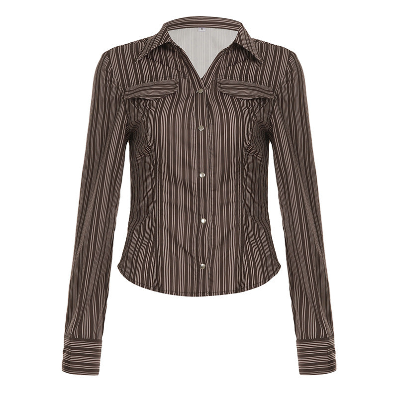 Fall Chic & Cozy: Women's Brown Striped Button-Down Shirt - Versatile Long Sleeve Top for Effortless American Style