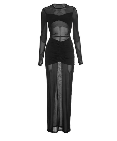 Mesmerizing Black Sheer Mesh Maxi Dress - Ruched Cut-Out Holiday & NYE Glamour