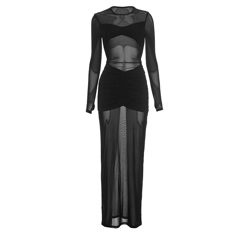 Mesmerizing Black Sheer Mesh Maxi Dress - Ruched Cut-Out Holiday & NYE Glamour
