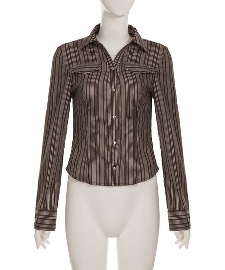 Fall Chic & Cozy: Women's Brown Striped Button-Down Shirt - Versatile Long Sleeve Top for Effortless American Style