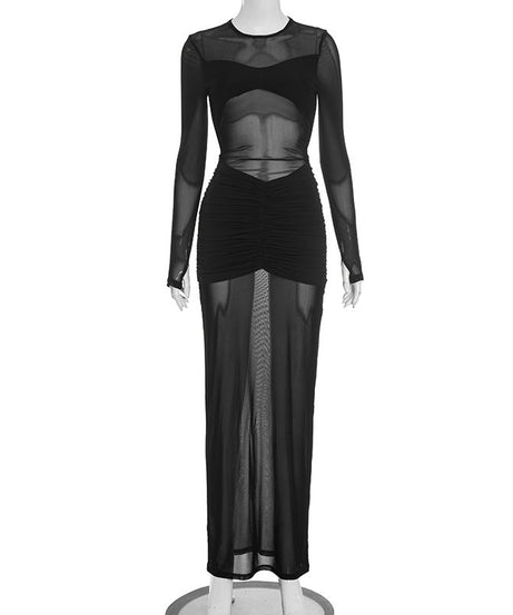 Mesmerizing Black Sheer Mesh Maxi Dress - Ruched Cut-Out Holiday & NYE Glamour