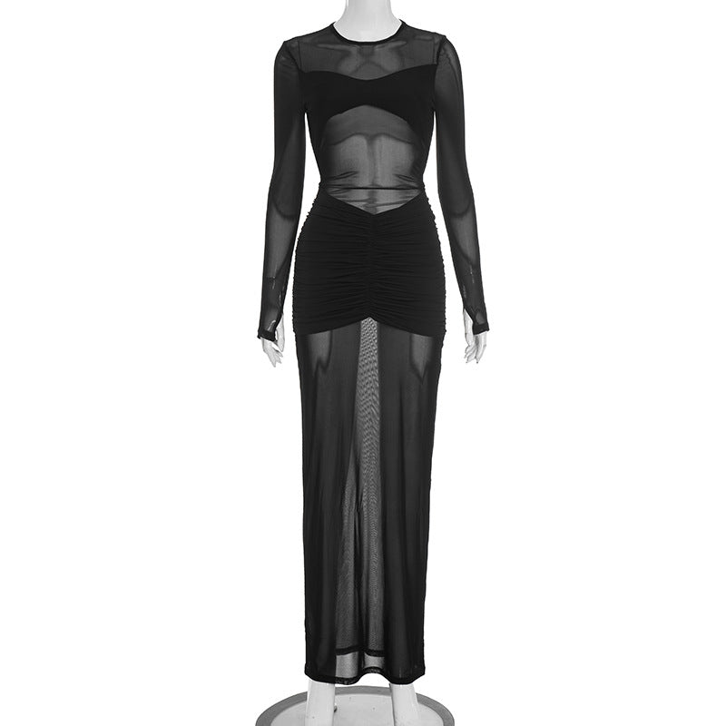 Mesmerizing Black Sheer Mesh Maxi Dress - Ruched Cut-Out Holiday & NYE Glamour