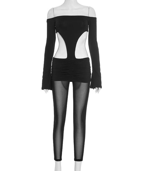 Sultry Off-Shoulder Cut-Out Jumpsuit with Sheer Legs | Holiday & NYE Statement