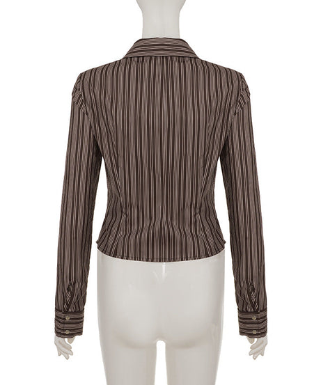 Fall Chic & Cozy: Women's Brown Striped Button-Down Shirt - Versatile Long Sleeve Top for Effortless American Style