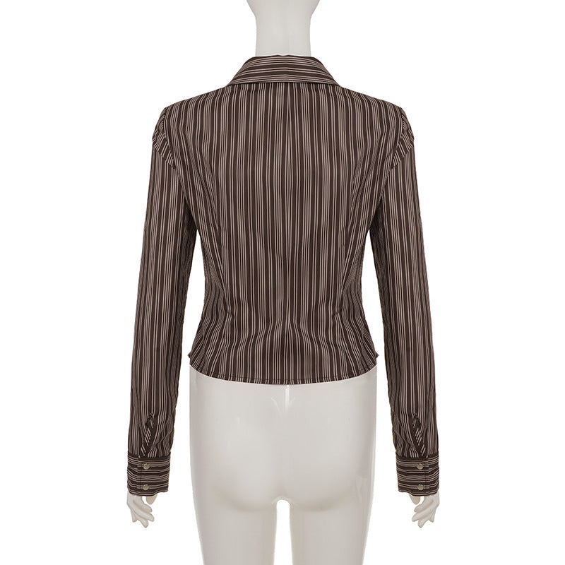 Fall Chic & Cozy: Women's Brown Striped Button-Down Shirt - Versatile Long Sleeve Top for Effortless American Style