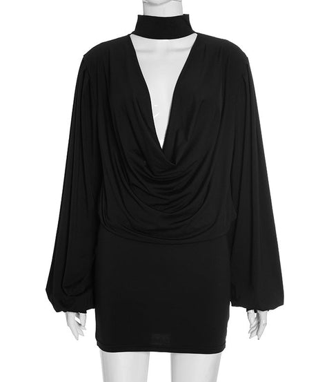 Chic Black Mock Neck Deep V Mini Dress | Long Sleeve Holiday Party & Date Night Essential