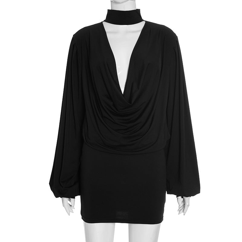 Chic Black Mock Neck Deep V Mini Dress | Long Sleeve Holiday Party & Date Night Essential
