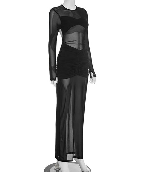 Mesmerizing Black Sheer Mesh Maxi Dress - Ruched Cut-Out Holiday & NYE Glamour