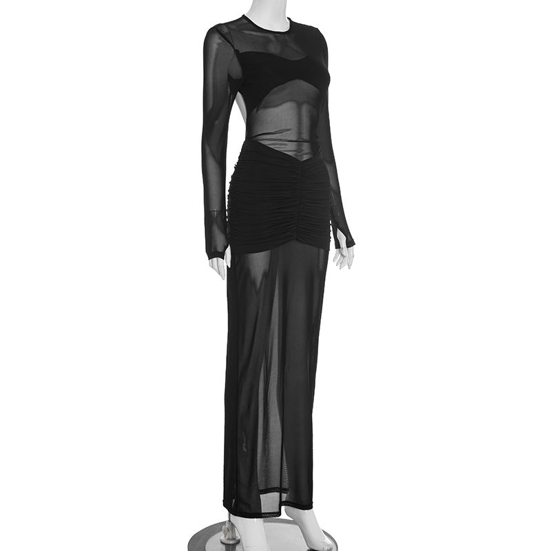 Mesmerizing Black Sheer Mesh Maxi Dress - Ruched Cut-Out Holiday & NYE Glamour