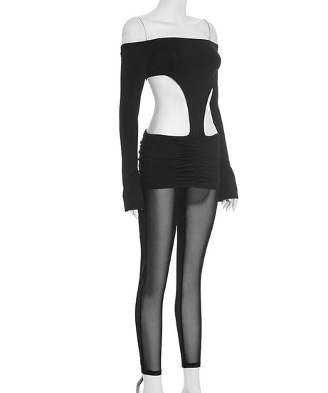 Sultry Off-Shoulder Cut-Out Jumpsuit with Sheer Legs | Holiday & NYE Statement