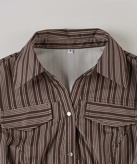Fall Chic & Cozy: Women's Brown Striped Button-Down Shirt - Versatile Long Sleeve Top for Effortless American Style