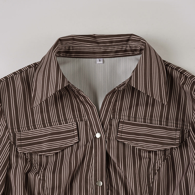 Fall Chic & Cozy: Women's Brown Striped Button-Down Shirt - Versatile Long Sleeve Top for Effortless American Style
