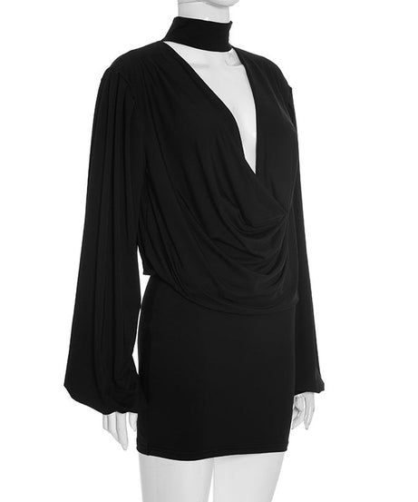 Chic Black Mock Neck Deep V Mini Dress | Long Sleeve Holiday Party & Date Night Essential