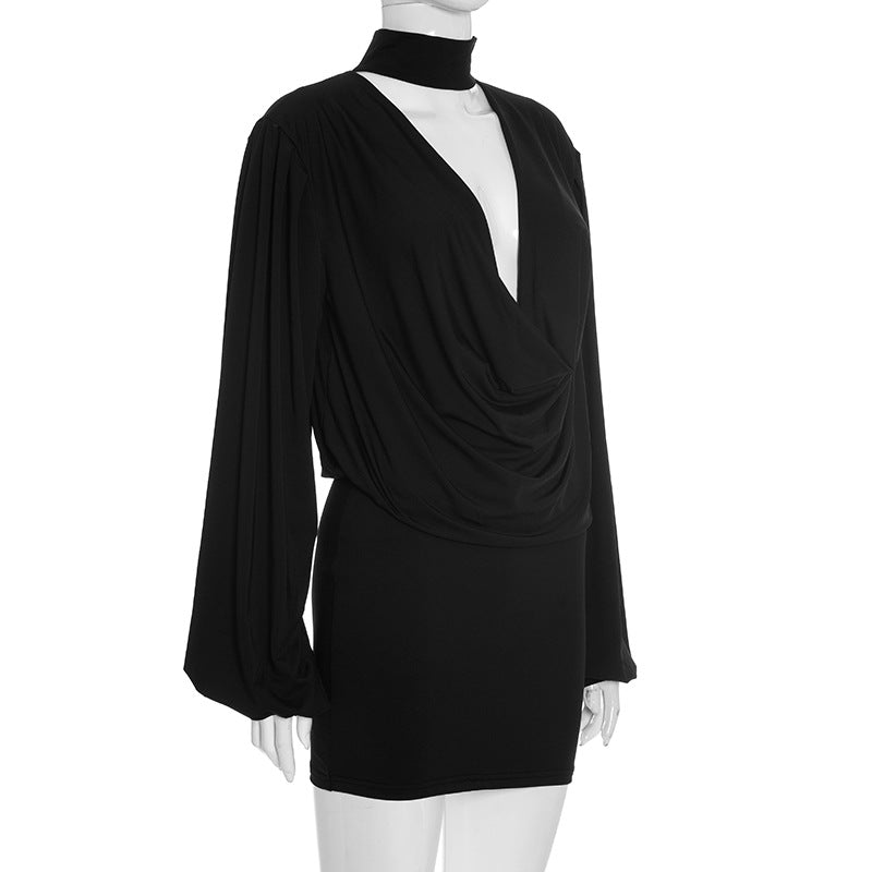 Chic Black Mock Neck Deep V Mini Dress | Long Sleeve Holiday Party & Date Night Essential