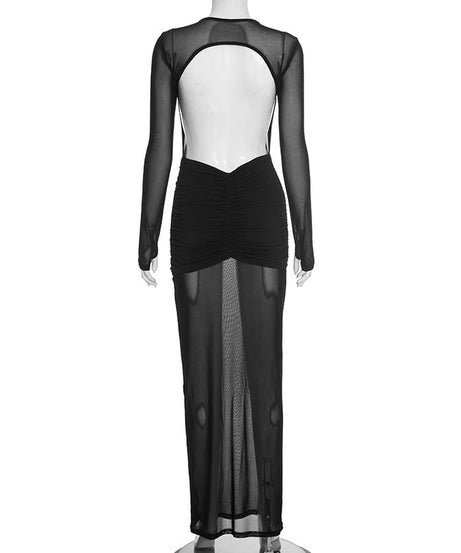 Mesmerizing Black Sheer Mesh Maxi Dress - Ruched Cut-Out Holiday & NYE Glamour