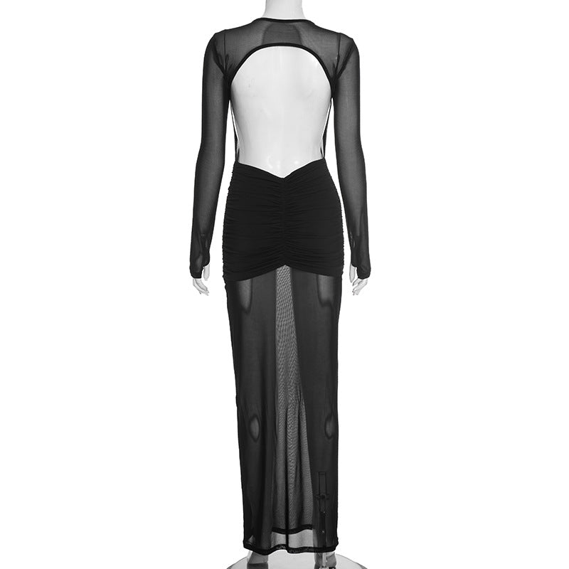 Mesmerizing Black Sheer Mesh Maxi Dress - Ruched Cut-Out Holiday & NYE Glamour