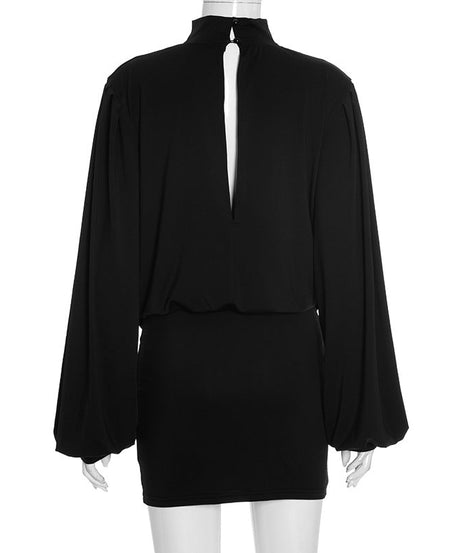 Chic Black Mock Neck Deep V Mini Dress | Long Sleeve Holiday Party & Date Night Essential