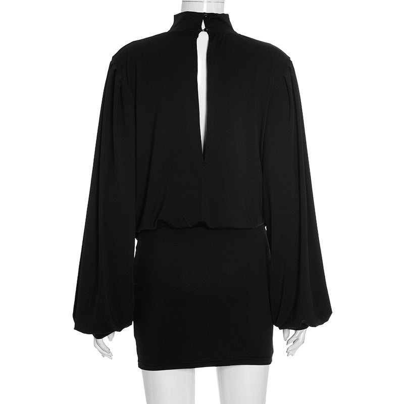 Chic Black Mock Neck Deep V Mini Dress | Long Sleeve Holiday Party & Date Night Essential
