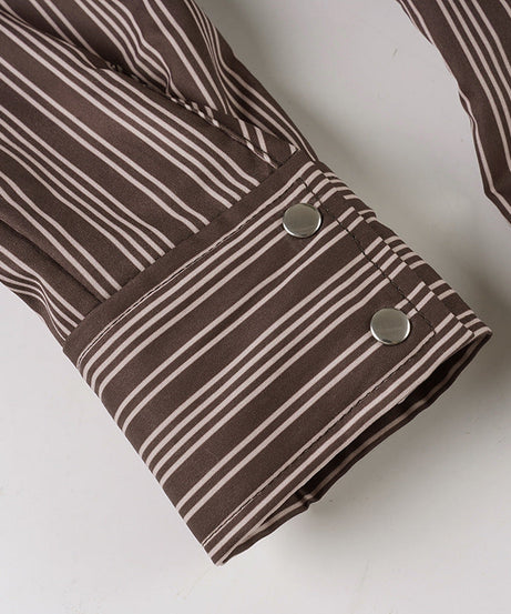 Fall Chic & Cozy: Women's Brown Striped Button-Down Shirt - Versatile Long Sleeve Top for Effortless American Style