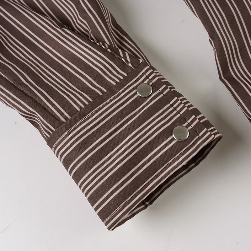Fall Chic & Cozy: Women's Brown Striped Button-Down Shirt - Versatile Long Sleeve Top for Effortless American Style