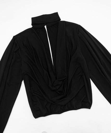 Chic Black Mock Neck Deep V Mini Dress | Long Sleeve Holiday Party & Date Night Essential