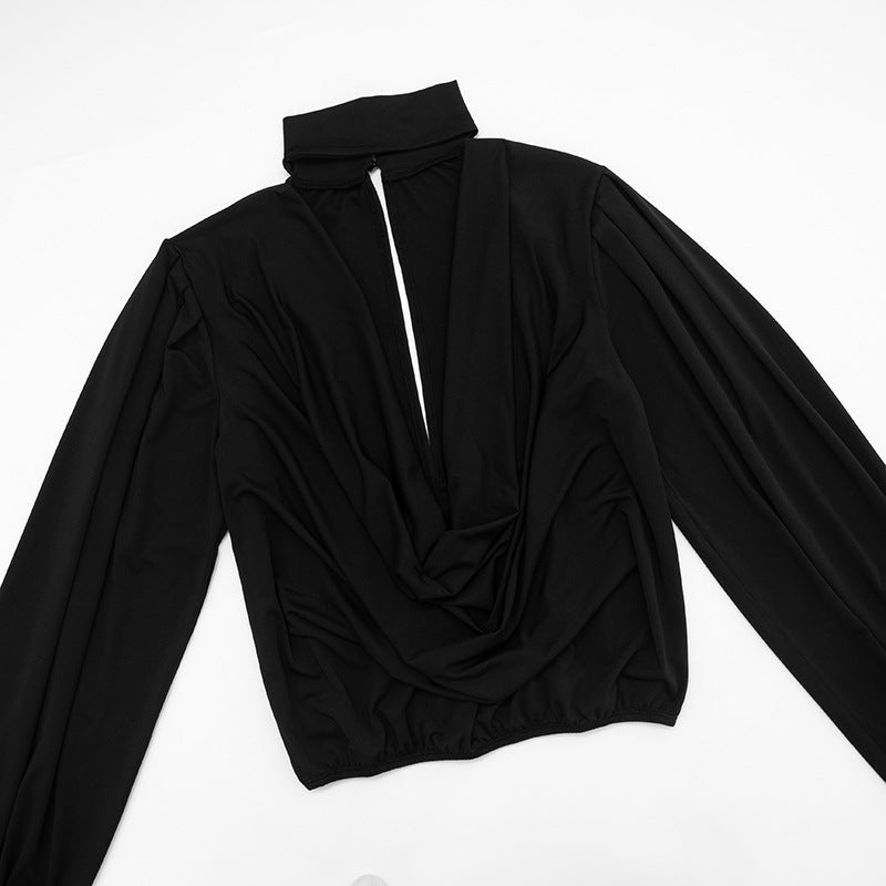 Chic Black Mock Neck Deep V Mini Dress | Long Sleeve Holiday Party & Date Night Essential