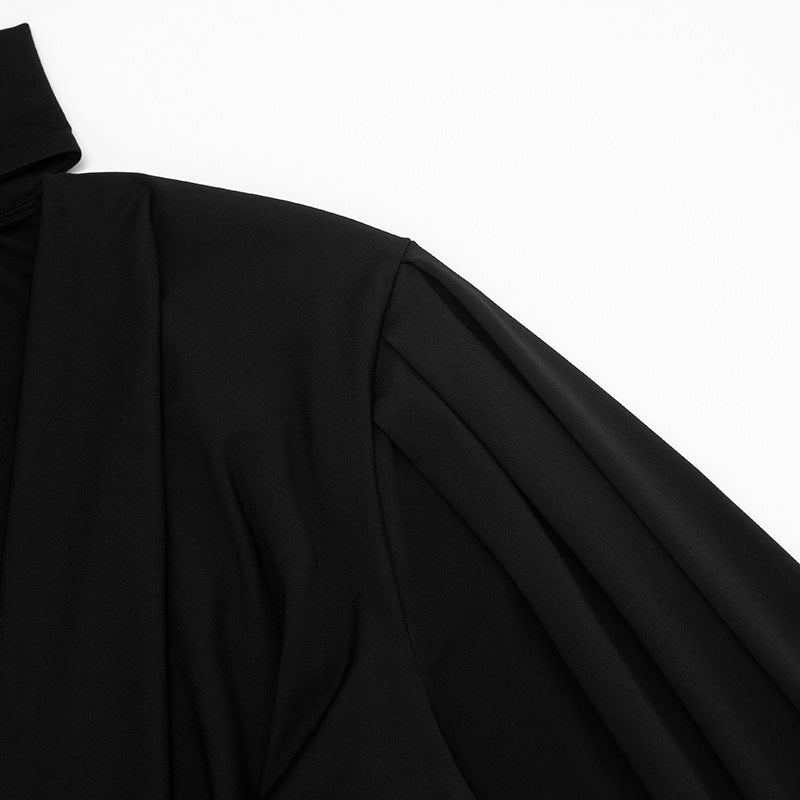 Chic Black Mock Neck Deep V Mini Dress | Long Sleeve Holiday Party & Date Night Essential