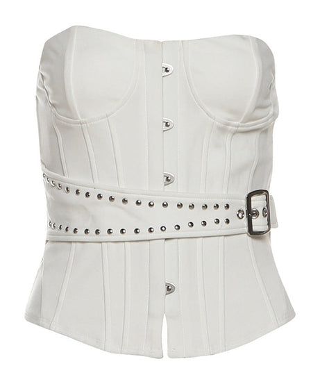 Festive White Studded Corset Top - Strapless Party Bustier with Buckle Detail | Holiday Season Chic