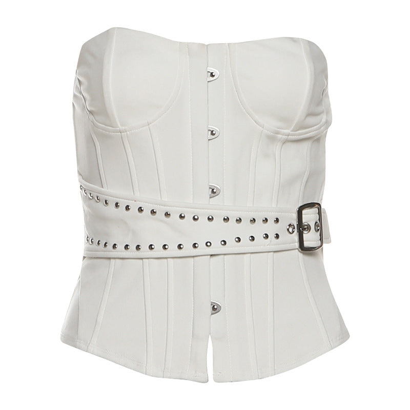 Festive White Studded Corset Top - Strapless Party Bustier with Buckle Detail | Holiday Season Chic