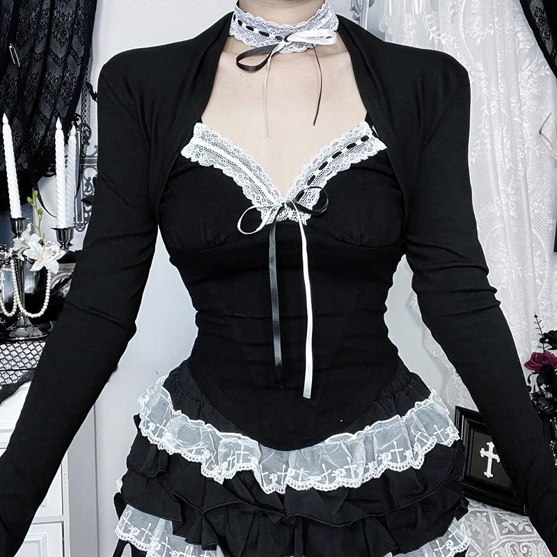Gothic Romance Lace-Trim Long Sleeve Top - Tie-Front Maidcore Aesthetic for Fall & Holiday