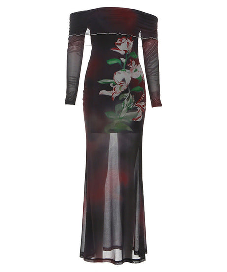 Ethereal Dark Floral Mesh Maxi Dress - Off-Shoulder Party & Holiday Glam