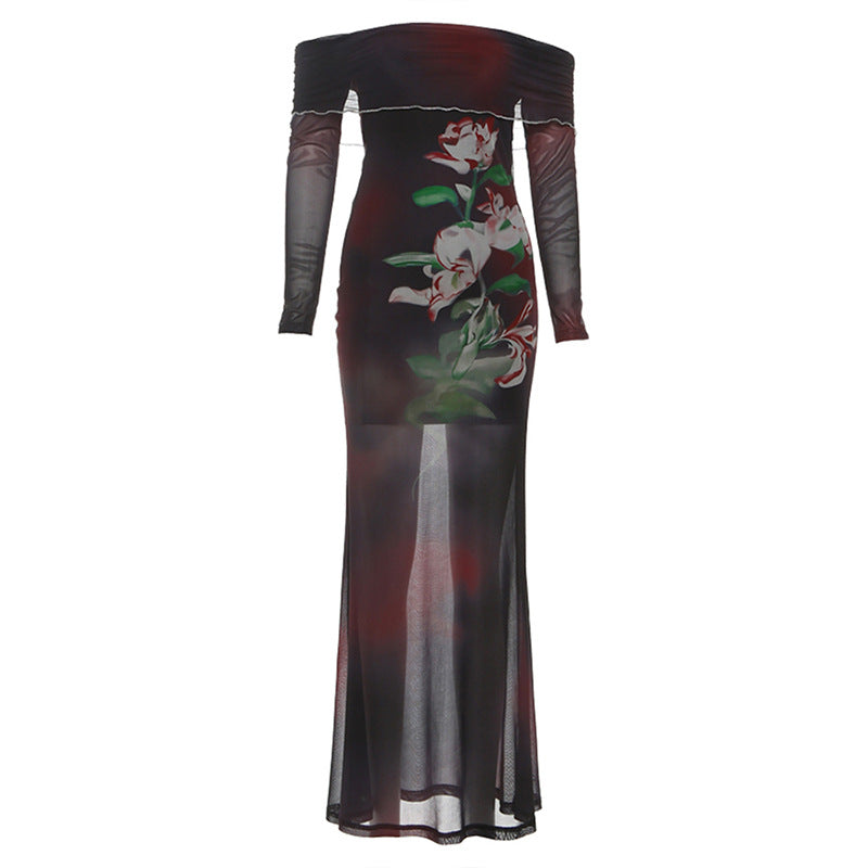 Ethereal Dark Floral Mesh Maxi Dress - Off-Shoulder Party & Holiday Glam