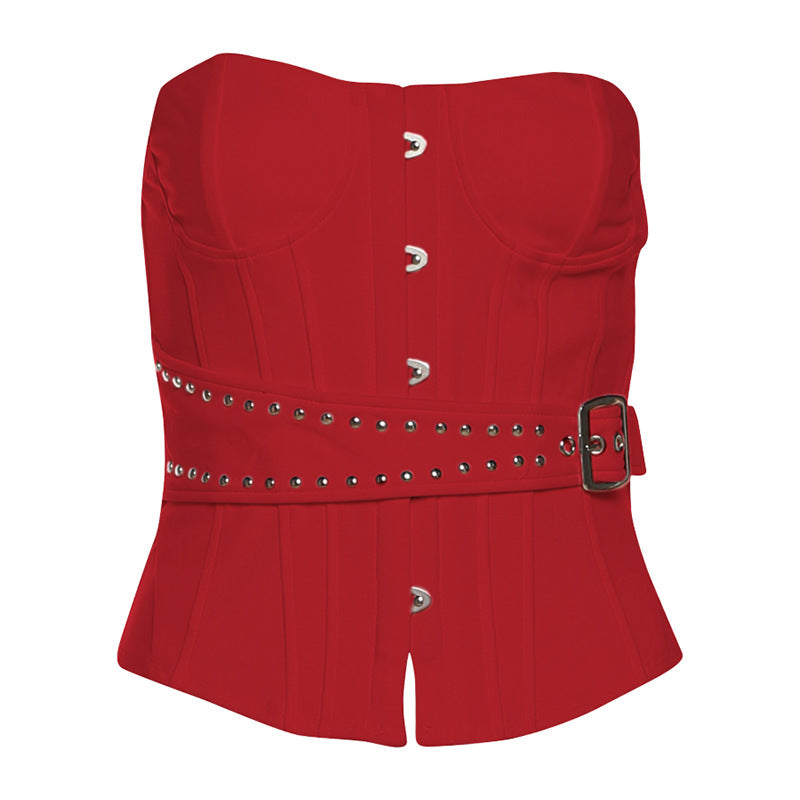 Festive White Studded Corset Top - Strapless Party Bustier with Buckle Detail | Holiday Season Chic