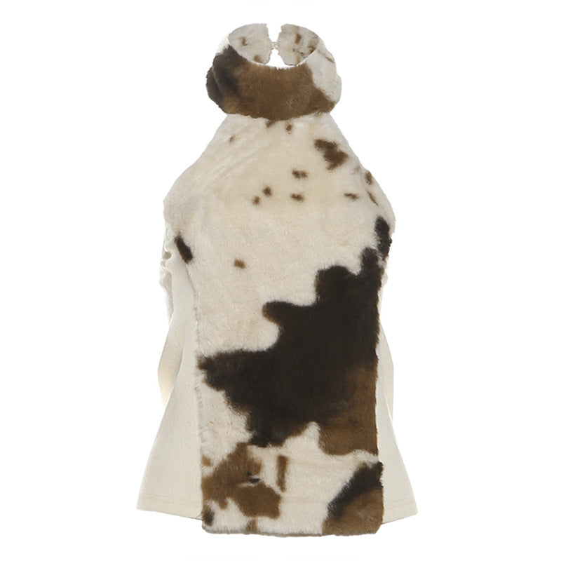 Cow Print Faux Fur Halter Romper | Western Chic Playsuit for Holiday Parties