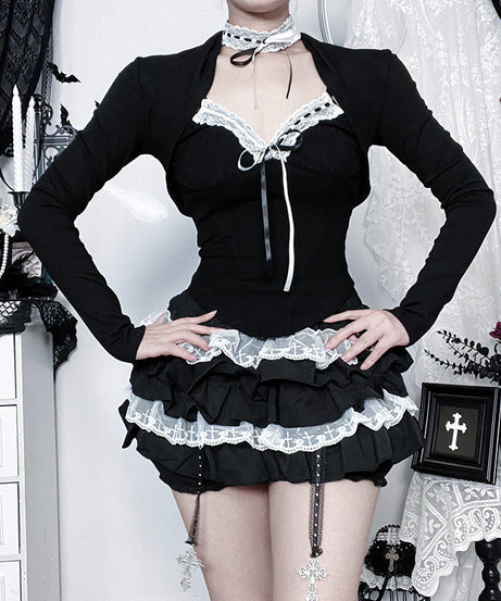 Gothic Romance Lace-Trim Long Sleeve Top - Tie-Front Maidcore Aesthetic for Fall & Holiday