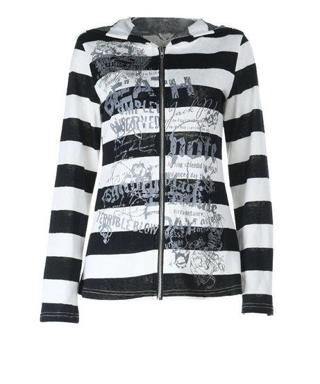 Edgy Alt Grunge Striped Zip Hoodie - Women's Graphic Print Emo Top for Fall & Winter