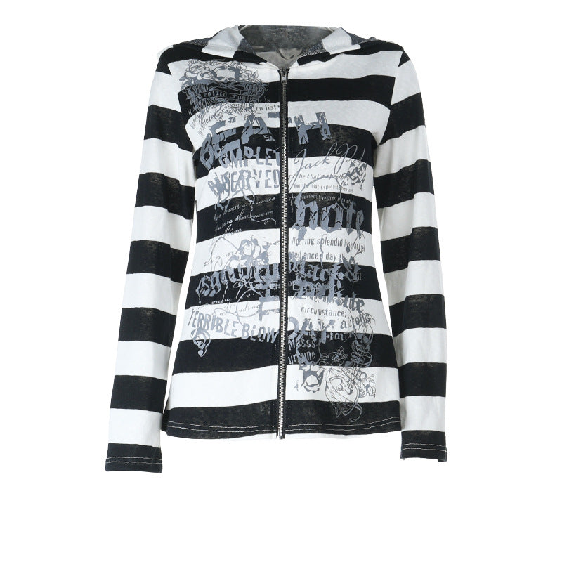 Edgy Alt Grunge Striped Zip Hoodie - Women's Graphic Print Emo Top for Fall & Winter