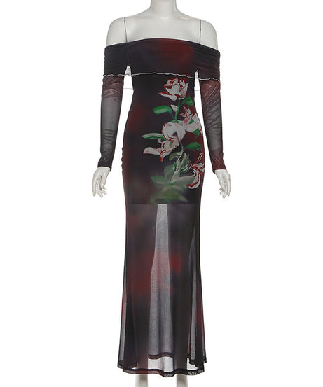 Ethereal Dark Floral Mesh Maxi Dress - Off-Shoulder Party & Holiday Glam