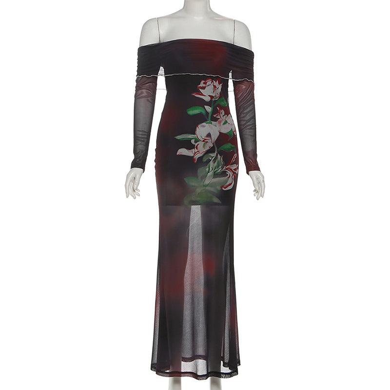Ethereal Dark Floral Mesh Maxi Dress - Off-Shoulder Party & Holiday Glam