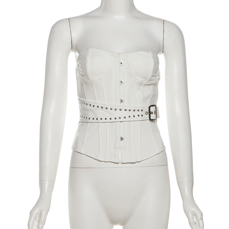 Festive White Studded Corset Top - Strapless Party Bustier with Buckle Detail | Holiday Season Chic