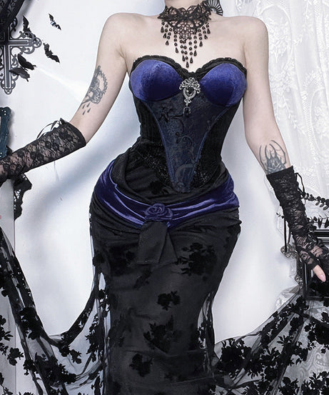 Enchanting Royal Blue Velvet Corset Top - Gothic Elegance for Holiday Soirees & New Year's Eve