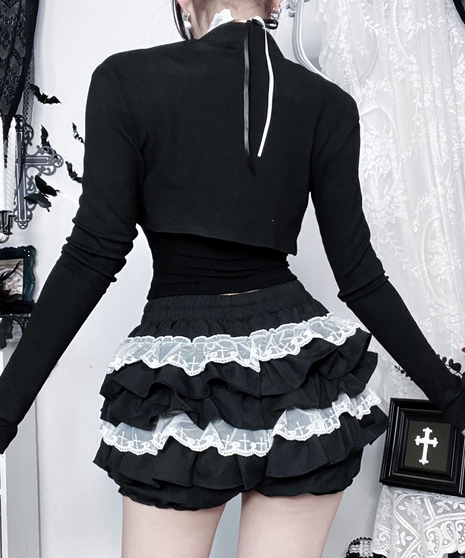 Gothic Romance Lace-Trim Long Sleeve Top - Tie-Front Maidcore Aesthetic for Fall & Holiday