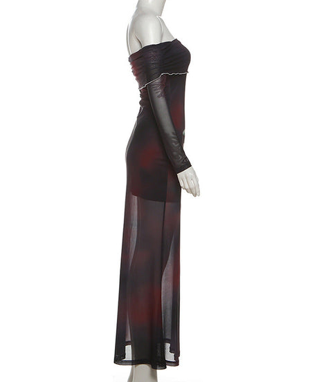 Ethereal Dark Floral Mesh Maxi Dress - Off-Shoulder Party & Holiday Glam