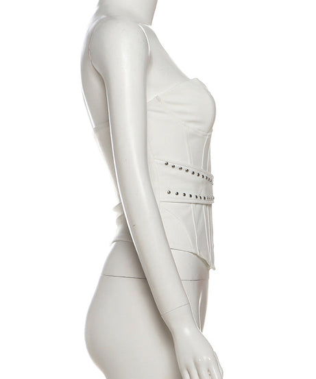 Festive White Studded Corset Top - Strapless Party Bustier with Buckle Detail | Holiday Season Chic