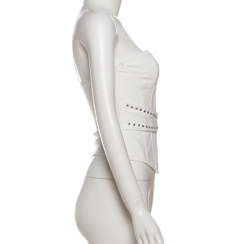 Festive White Studded Corset Top - Strapless Party Bustier with Buckle Detail | Holiday Season Chic